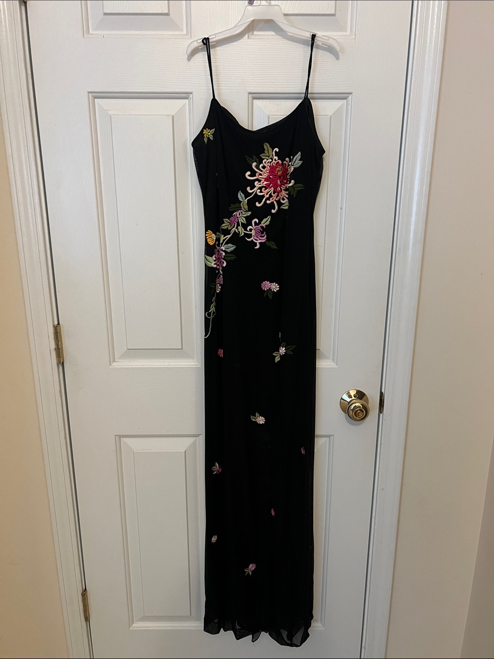 Black Maxi Slip Dress with Pink Floral Embroidery